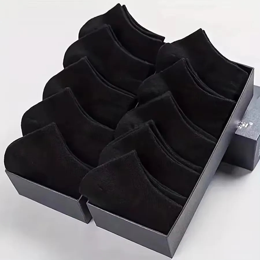 10 Pairs Men's Socks – Spring/Summer, Thin, Breathable, Soft Polyester Cotton, Black, Casual Business, Ankle Socks, Boat Socks