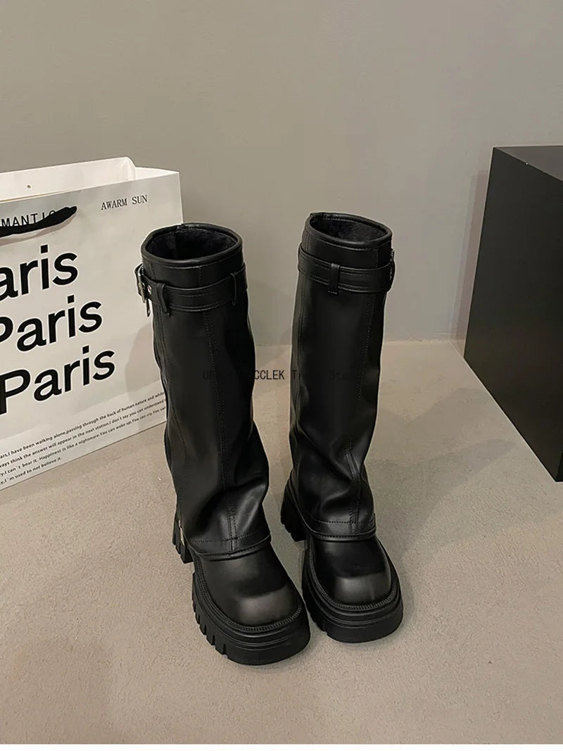 Winter Women Biker Boots – Fashion Belt Buckle, Elegant Platform Knee-High Booties for Ladies