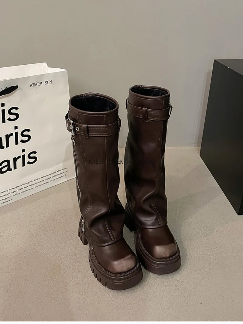Winter Women Biker Boots – Fashion Belt Buckle, Elegant Platform Knee-High Booties for Ladies