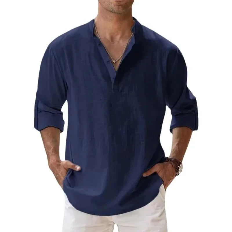 Streetwear Men Lightweight Shirts – Long Sleeve Henley Cotton Linen Shirts for Men, Beach Hawaiian Shirts, Breathable Collar T-shirts