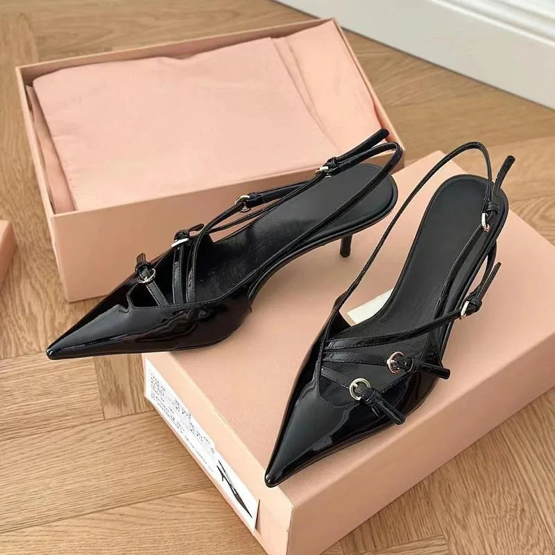 Summer High Heels – Sexy Hollow Black Silk Pointed Sandals with One-Line Buckle, Women's Shoes