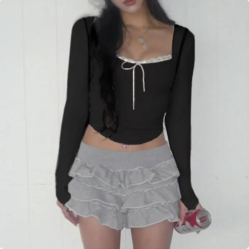 Cute Bandage Bow Cropped Top – Pink Coquette Y2K Square Collar Tee for Spring & Fall