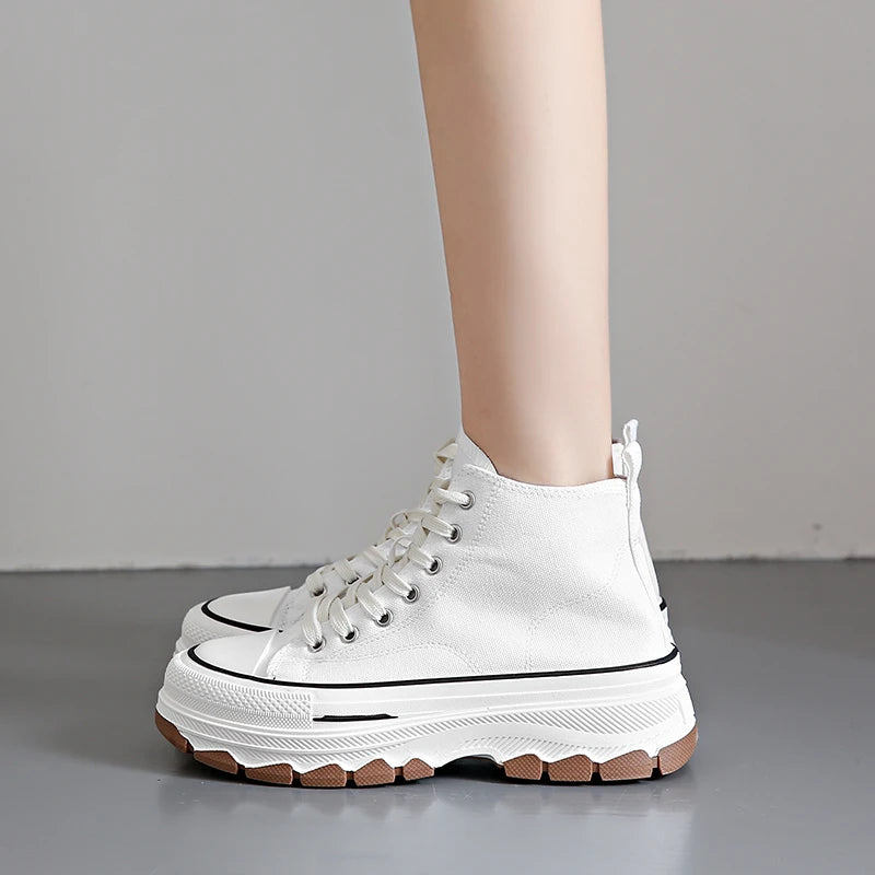 Women’s High Top Canvas Sneakers - Lace-Up, Non-slip, Wear-Resistant, Spring Platform