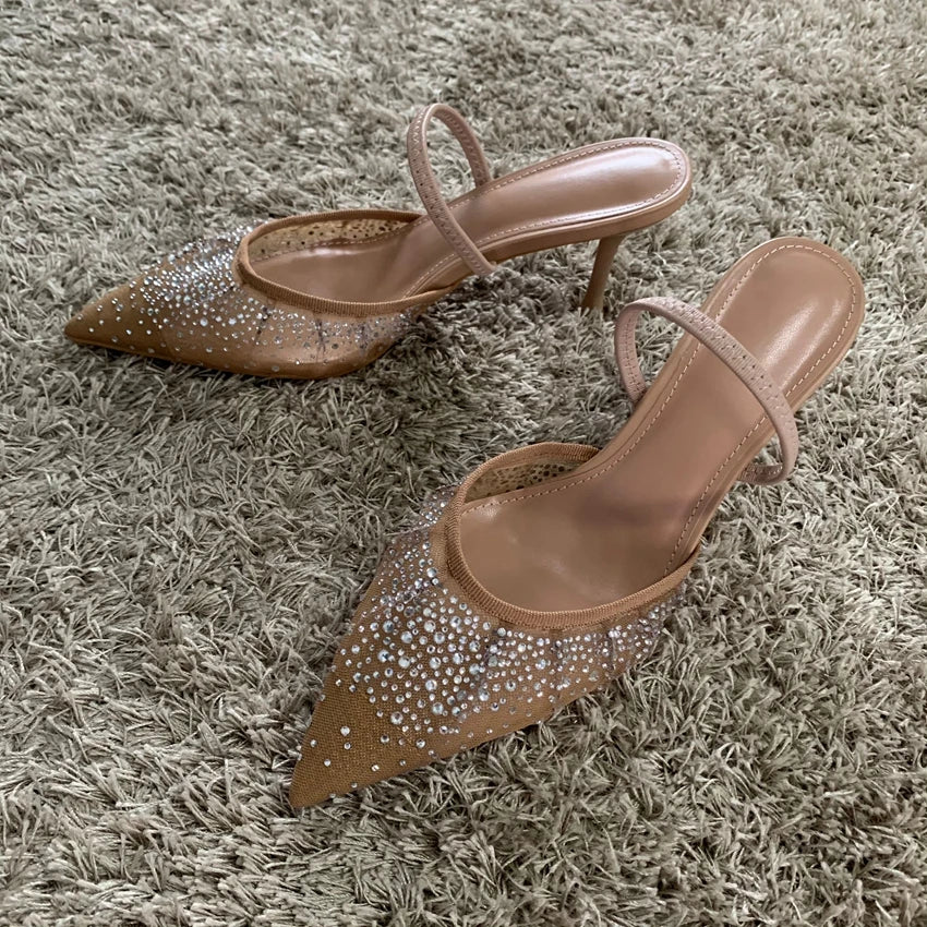 Summer Women's Sandals – Rhinestone Mesh High Heels, Elegant Slingback Pointed Slip-On Party Pumps