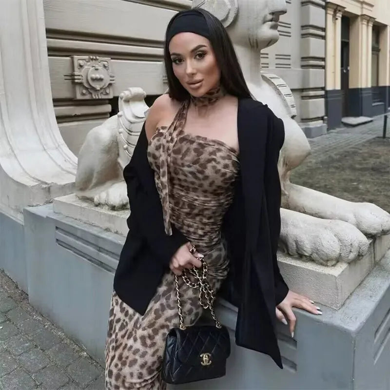 Leopard Print Crop Top – Ruched Tulle, Corset Style, Off-Shoulder, Halter Neck, Sexy, Backless, Tube Top, Women's Fashion