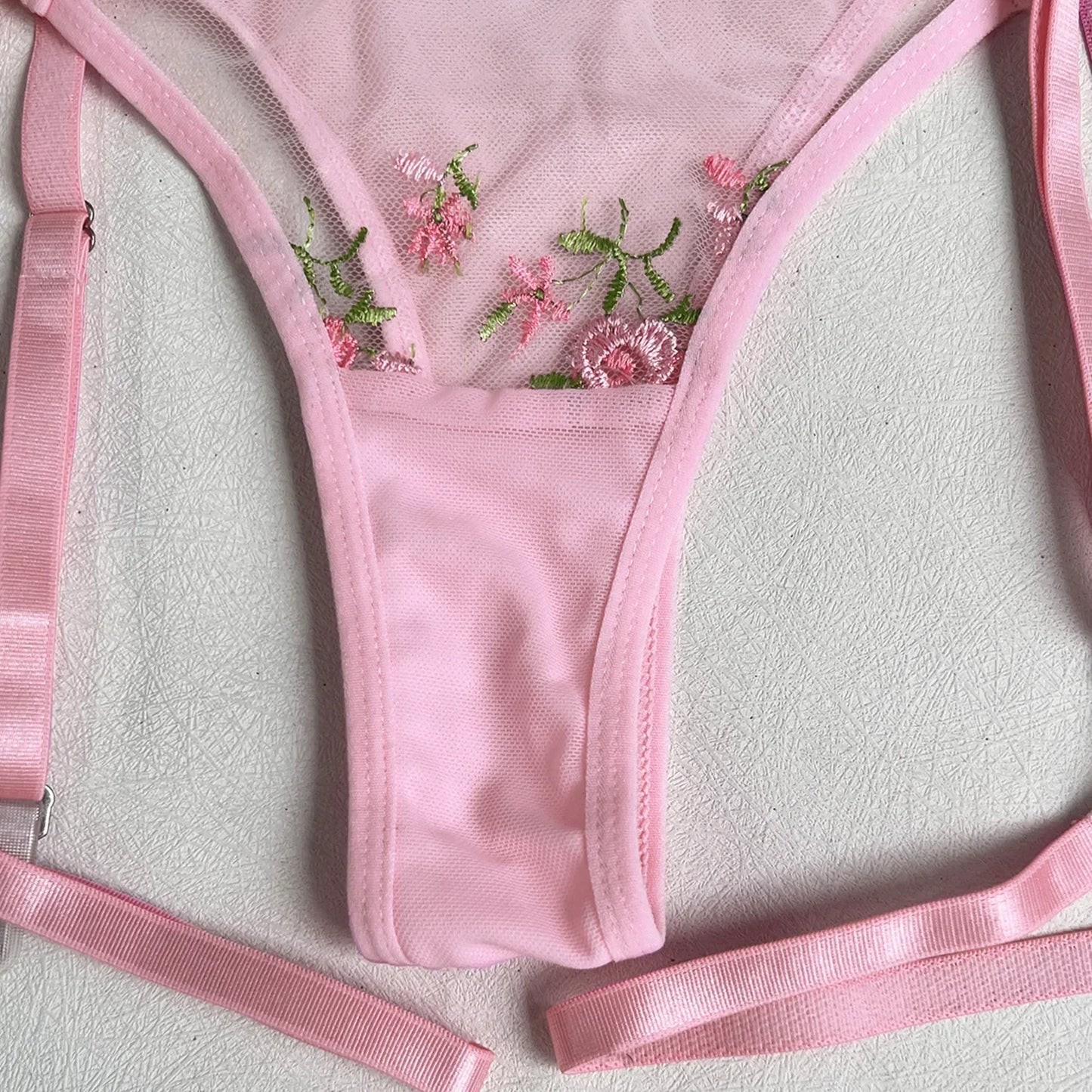 Lady's Fantasy Mesh Transparent Heavy Embroidery Floral Lingerie Set – Sexy Underwear for Women, 3-Piece Intimate Desire Hot Girl 18+