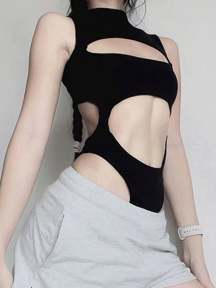 Black Hollow Out Bodysuit – Rave Clubwear, Backless, Sexy Streetwear Jumpsuit