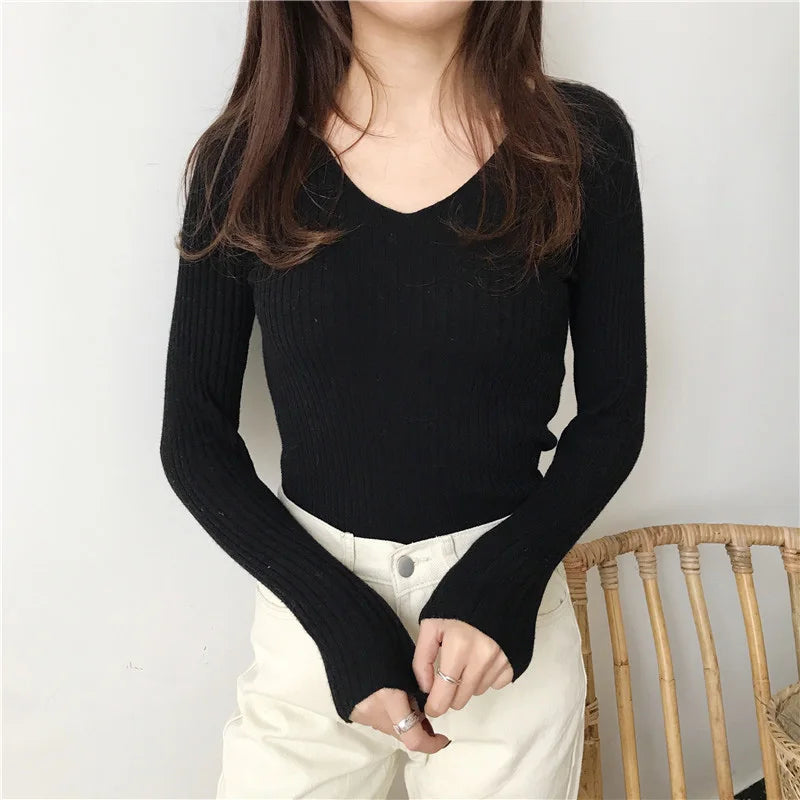 Korean V-Neck Knitted Sweater – Slim Fit, Autumn Winter Pullover, Fashion Jumper for Women