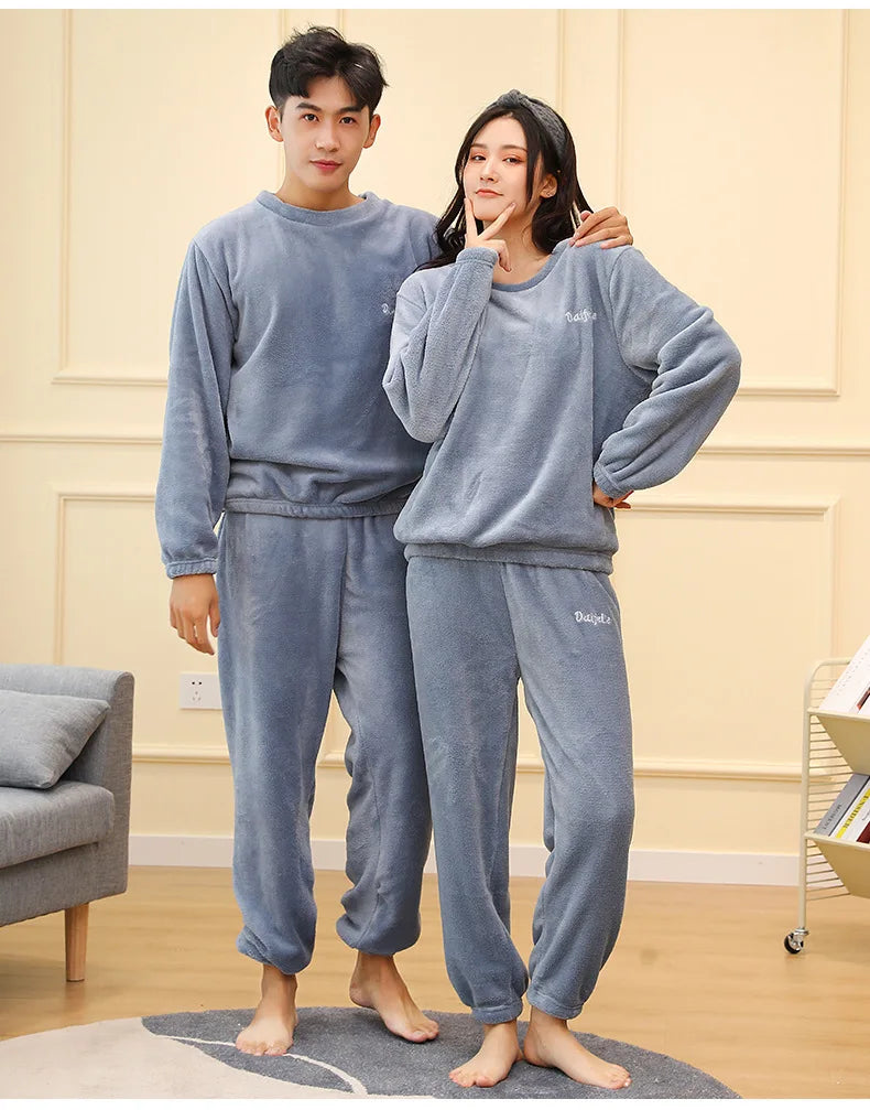 Men's Coral Velvet Pajamas – Thickened, Warm, Long Sleeve & Trousers, Solid Color, Soft Sleepwear, Autumn Winter 2PCS Set