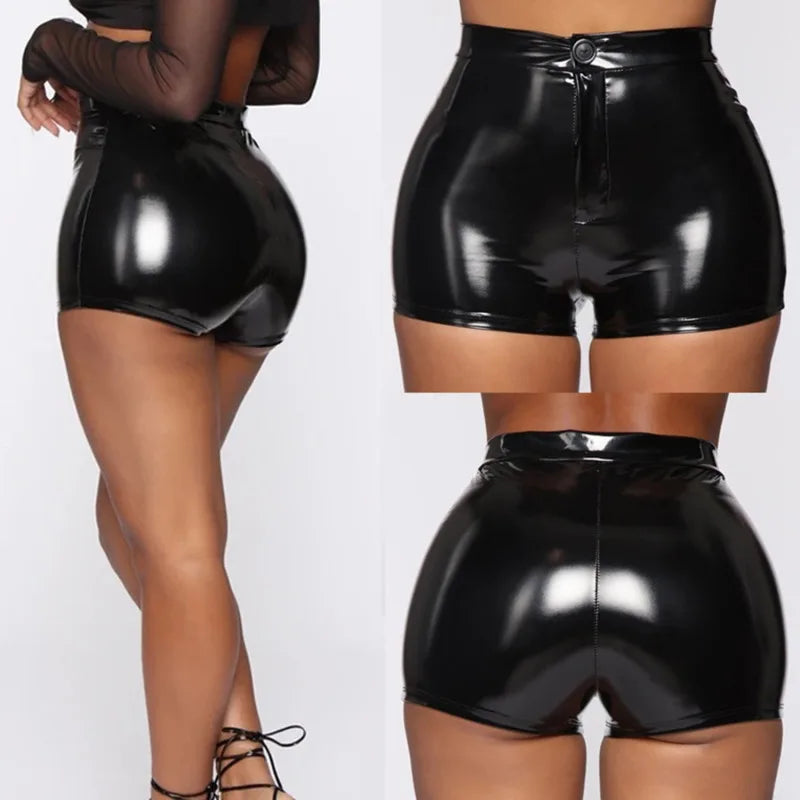 High Waist Leather Shorts – Sexy, Nightclub Style, Stretchy, Black, Sports, Fitness, Slim Fit
