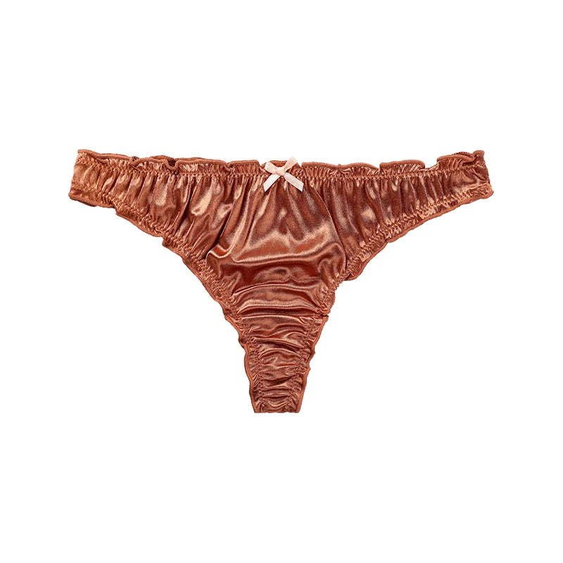 Ladies Frill Trim Satin Panties – 100% Ice Silk, Seamless, No Show, Invisible Briefs, Tanga Style