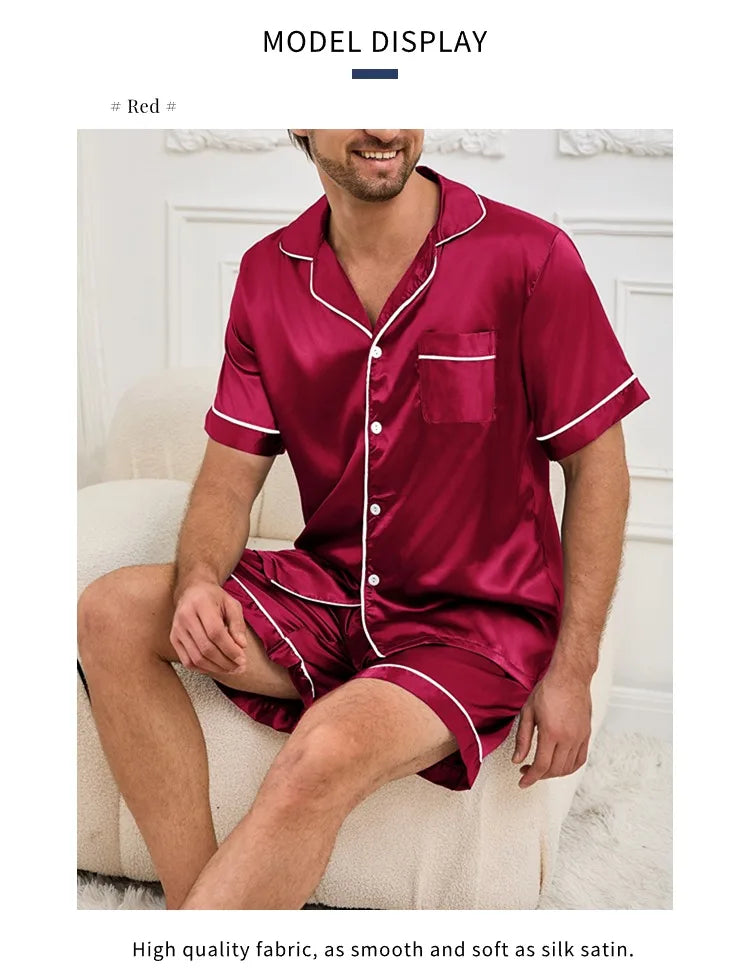 Men's Summer Pajamas Set – Short Sleeve, Button-Down Shirt with Pocket, Matching Shorts, Comfortable Loungewear Sleepwear