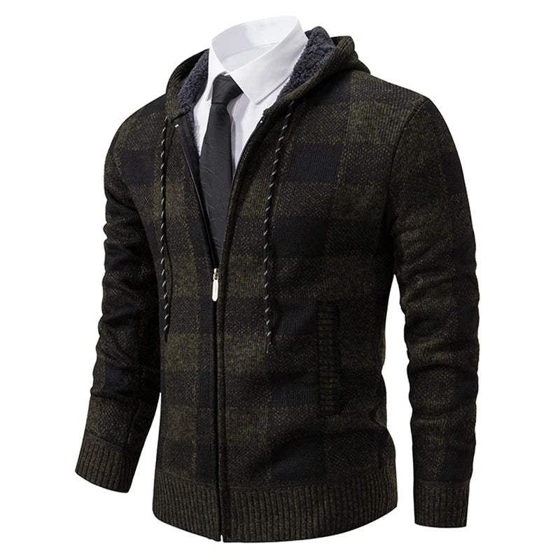 Men's Cardigan – Fashion Plus Velvet Padded Knit Jumpers, Male Sweater, Hooded Plaid Korean Luxury Brand Coat