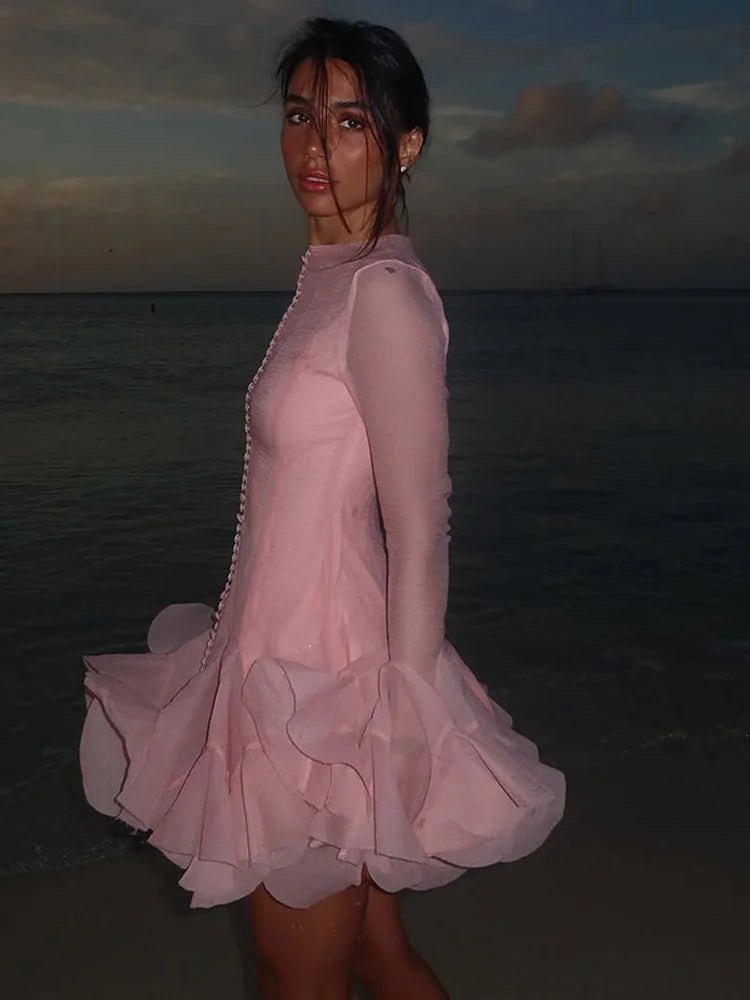 Luxury O-Neck Pink Ruffle Button Dress – Long Sleeve, High Waist, Fashionable Short Evening Prom Dress for Women