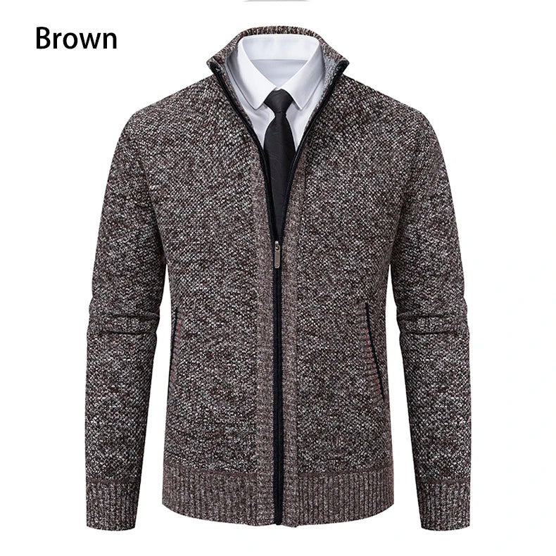 Jersey Men's Casual Sports Coat – Solid Color Stand Collar Sweater, Fleece-Lined, Warm Zipper Cardigan