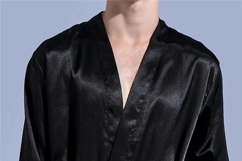 Men's Satin Kimono Robe – V Neck, Long Bathrobe, Sleepwear, Christmas & Wedding Party Loungewear Gown