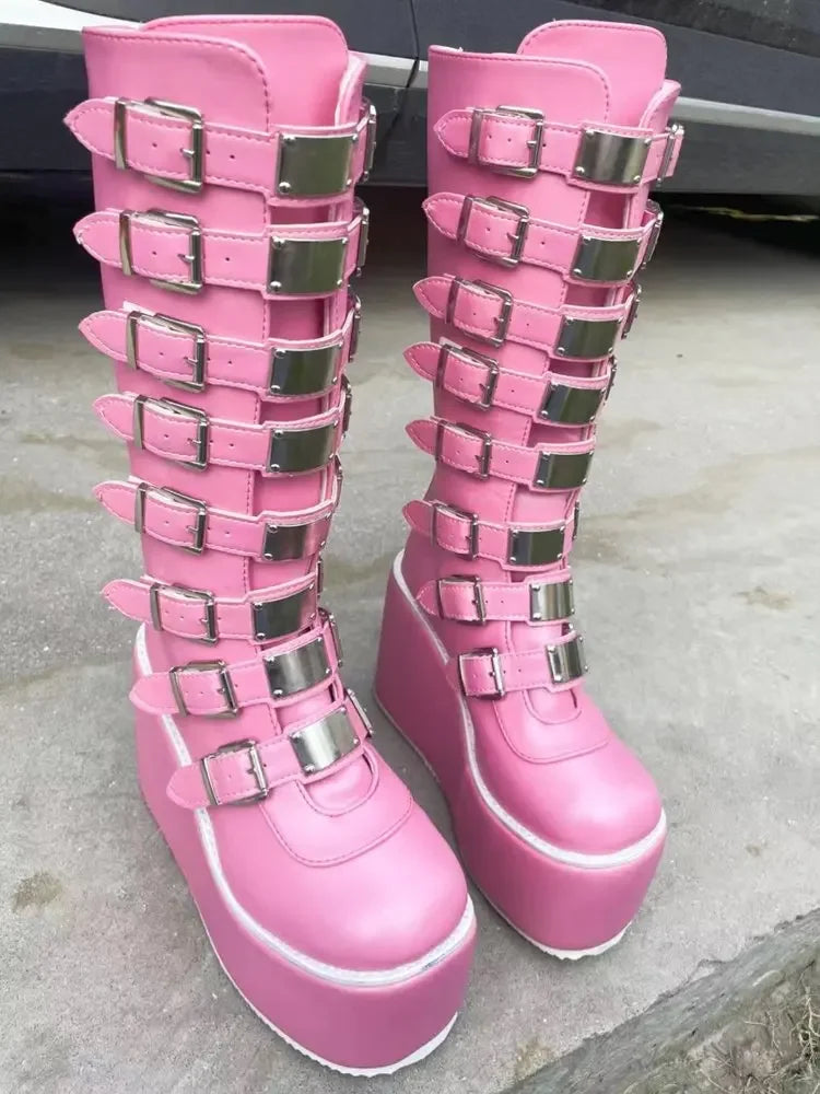 Women Boots Cosplay – High Heel Platform Wedge Boots with Gothic Buckle Strap Design