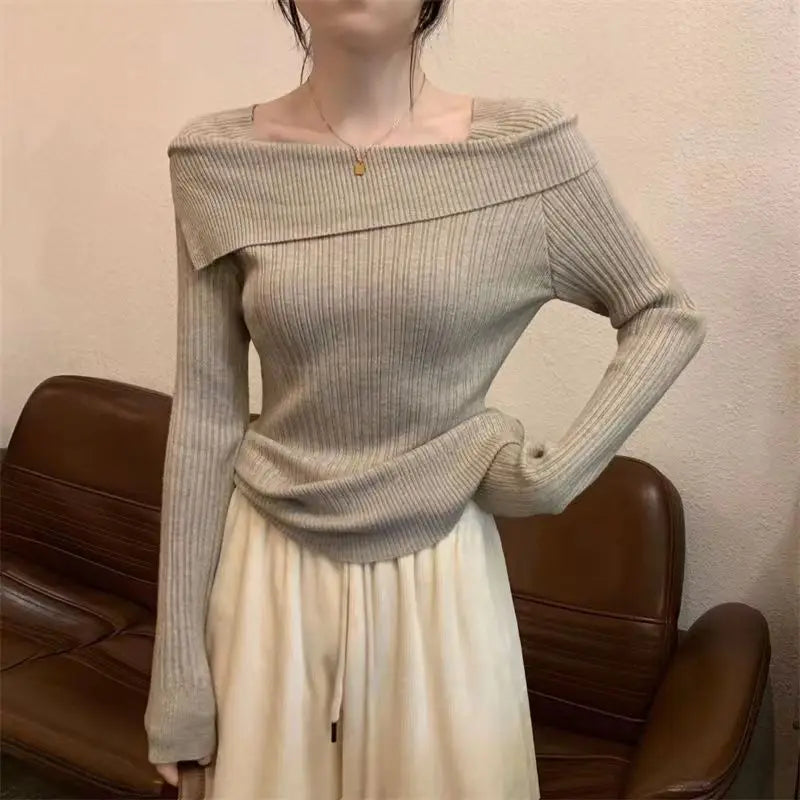 Slim Off-Shoulder Knitted Sweater – Slash Neck, Long Sleeve, Sexy Office Fashion
