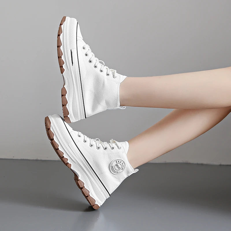 Women’s High Top Canvas Sneakers - Lace-Up, Non-slip, Wear-Resistant, Spring Platform