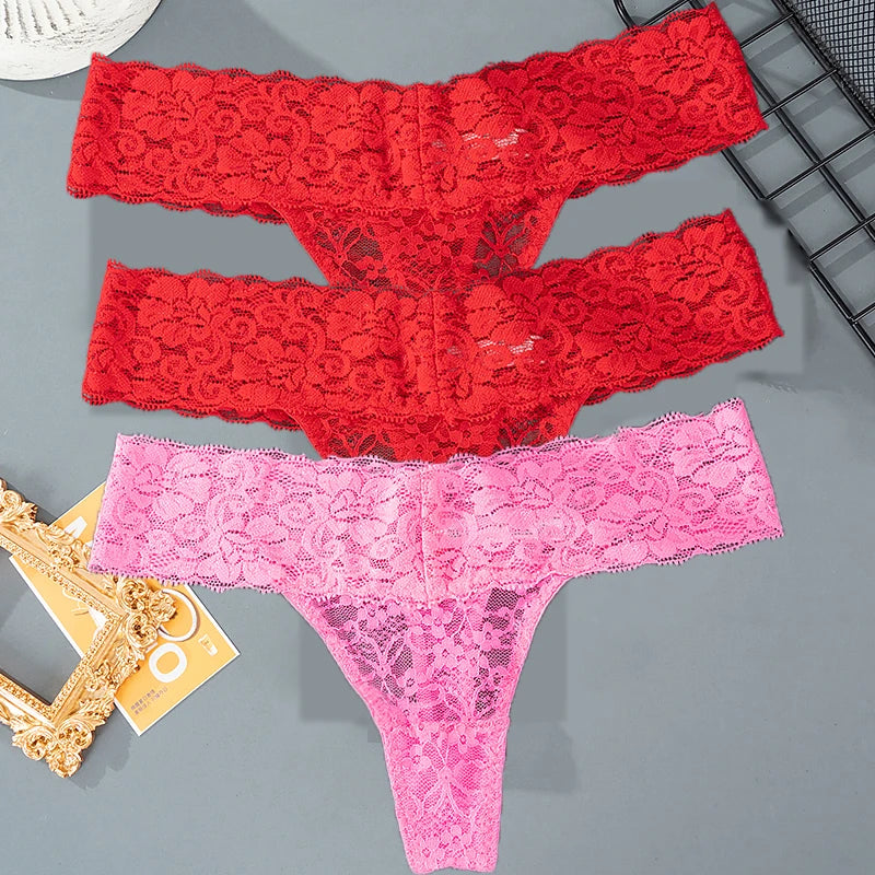 3PCS Lace Floral Thong Panties – Low Waist, Breathable, Sexy, Transparent, Solid Color Women's Underwear