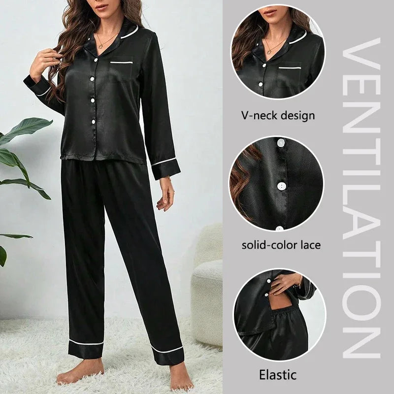 Plus Size Autumn and Winter Silk Pajamas – Women's Solid Casual Soft Nightwear, Button-Up Cardigan Sleepwear & Homewear