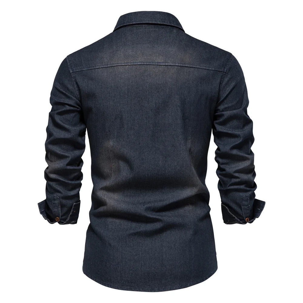 Elastic Cotton Denim Shirt – Long Sleeve, High-Quality Cowboy Shirt for Men, Casual Slim Fit, Designer Menswear
