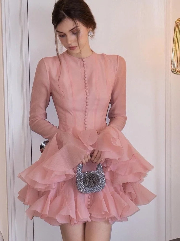 Luxury O-Neck Pink Ruffle Button Dress – Long Sleeve, High Waist, Fashionable Short Evening Prom Dress for Women