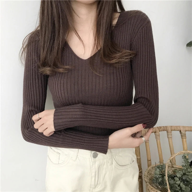 Korean V-Neck Knitted Sweater – Slim Fit, Autumn Winter Pullover, Fashion Jumper for Women
