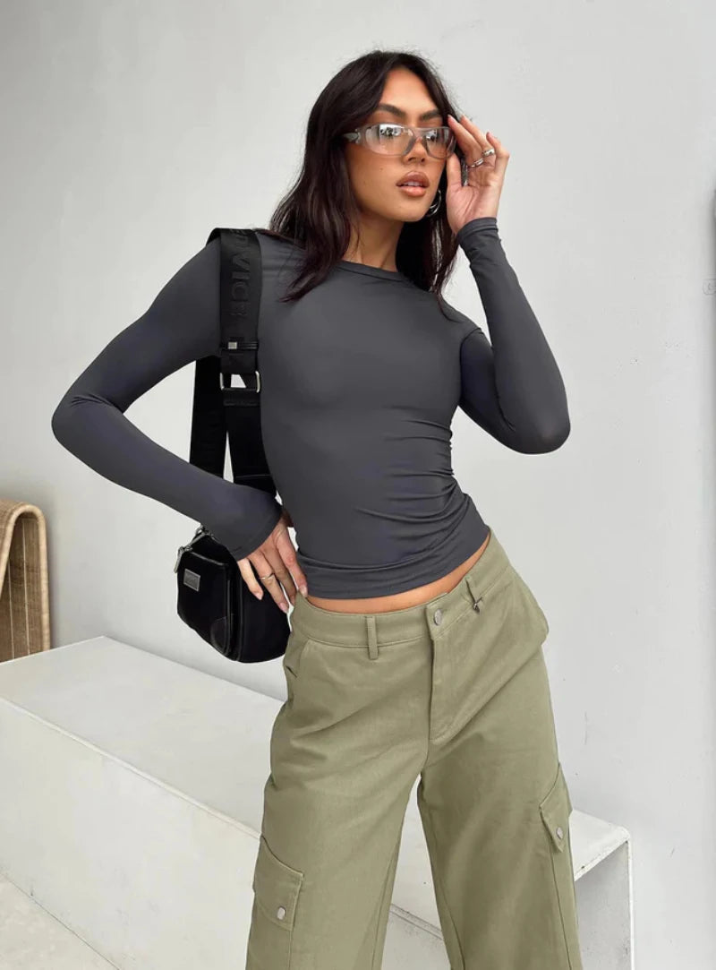 Women's Long Sleeve T-Shirt – Slim Fit, Solid Color Pullover, Basic Y2K Streetwear for Spring & Autumn