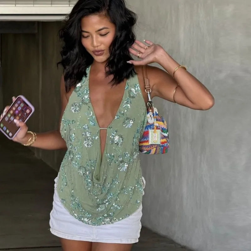 Sexy Deep V-Neck Beach Tank Top – Summer, Sequins Patchwork, Sleeveless, Vest, Vacation Outfit, Backless, Hot Girls Fashion
