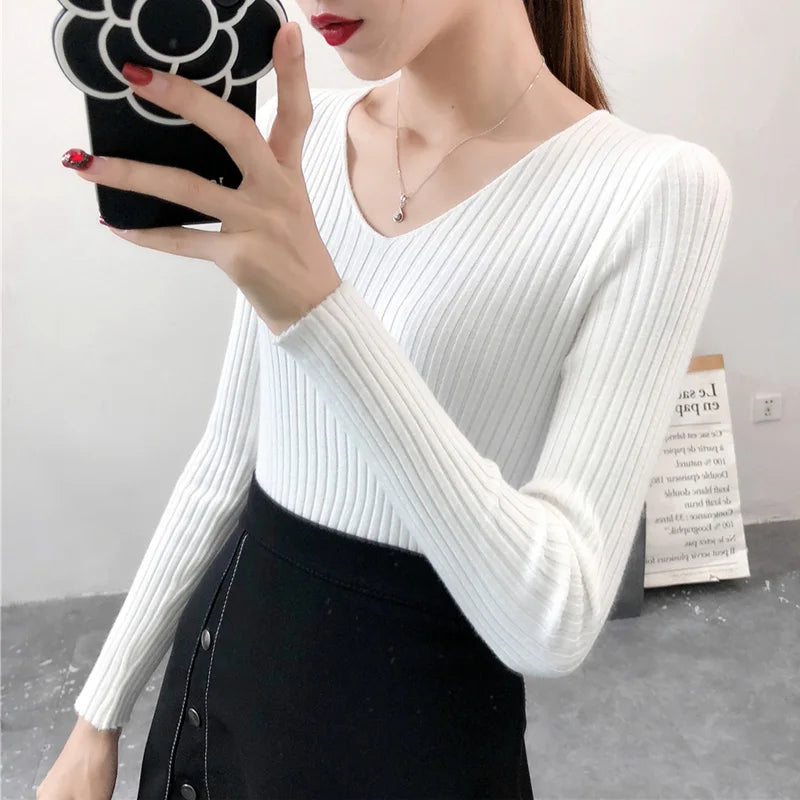 Korean V-Neck Knitted Sweater – Slim Fit, Autumn Winter Pullover, Fashion Jumper for Women
