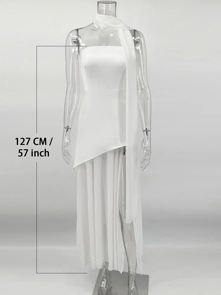 Elegant Strapless Mesh Dress – Ribbon Detail, Sleeveless, Long Beach Vacation Dress, Spring Fashion