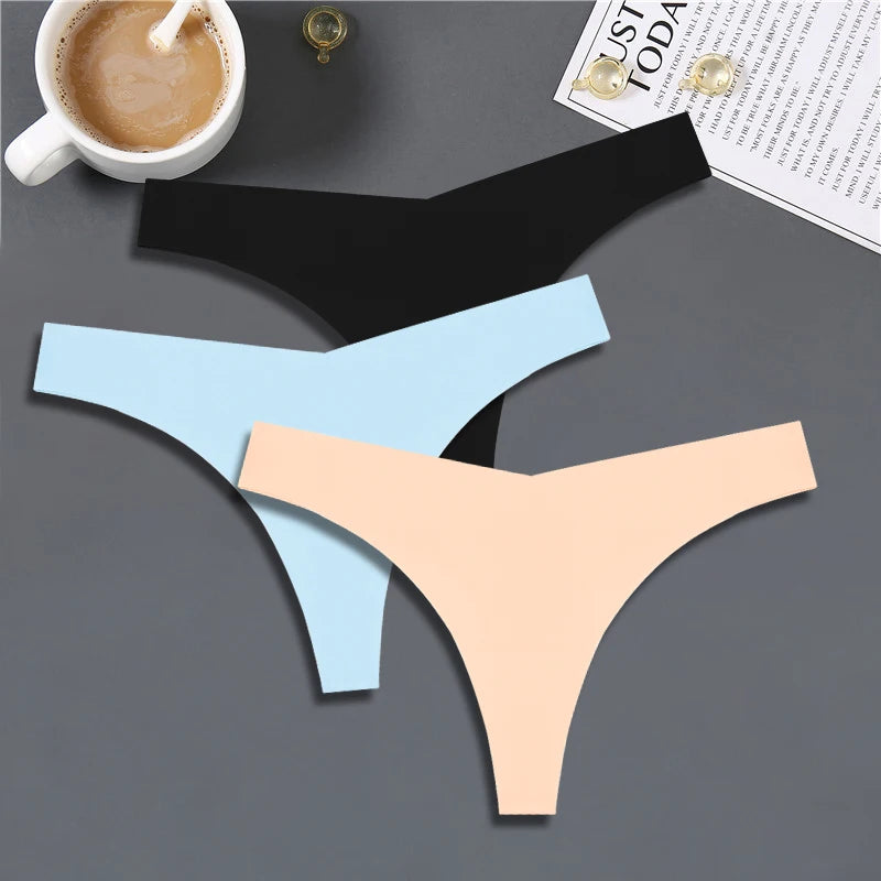 3PCS Women Ice Silk Seamless Thongs – Sexy V-Waist, Low Rise, Sporty, Breathable, 10 Solid Colors