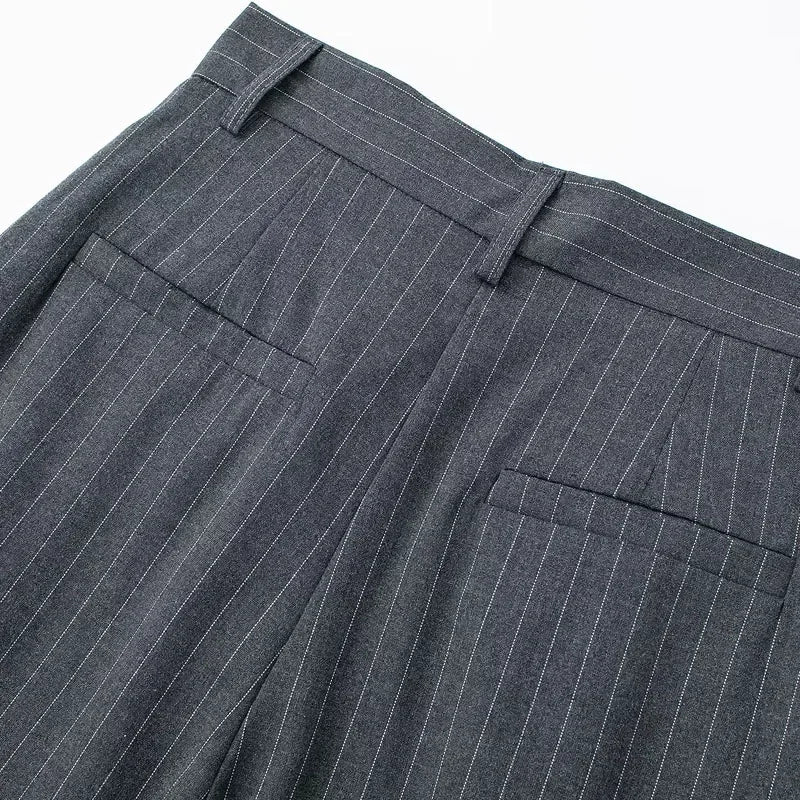 Women's Formal Pants – Office Wear, Striped Design, Grey/Black, High Waist, Baggy Fit, Suit Style, Casual Wide Leg