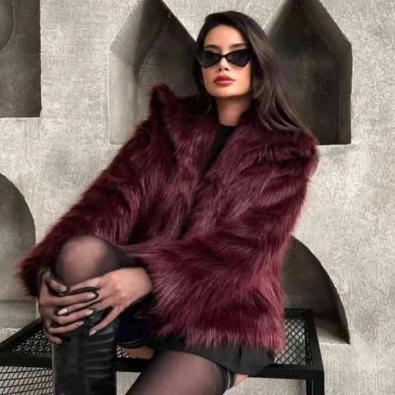 Women's Fur Coat – Plush Burgundy Bomber, Cropped Long Sleeve, Warm Winter Casual Jacket