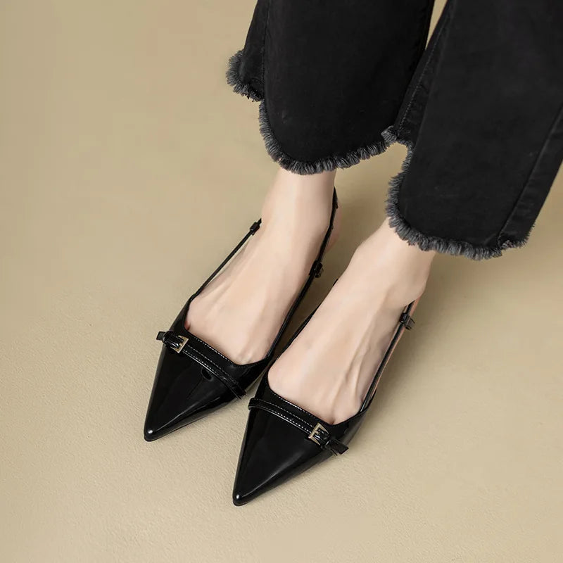 Pointed Patent Leather Sandals - Mid-Heel Overhead Retro Skinny Heel Backless Shoes for Women