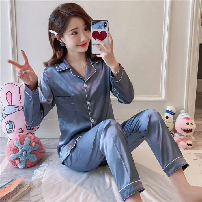 Plus Size Autumn and Winter Silk Pajamas – Women's Solid Casual Soft Nightwear, Button-Up Cardigan Sleepwear & Homewear