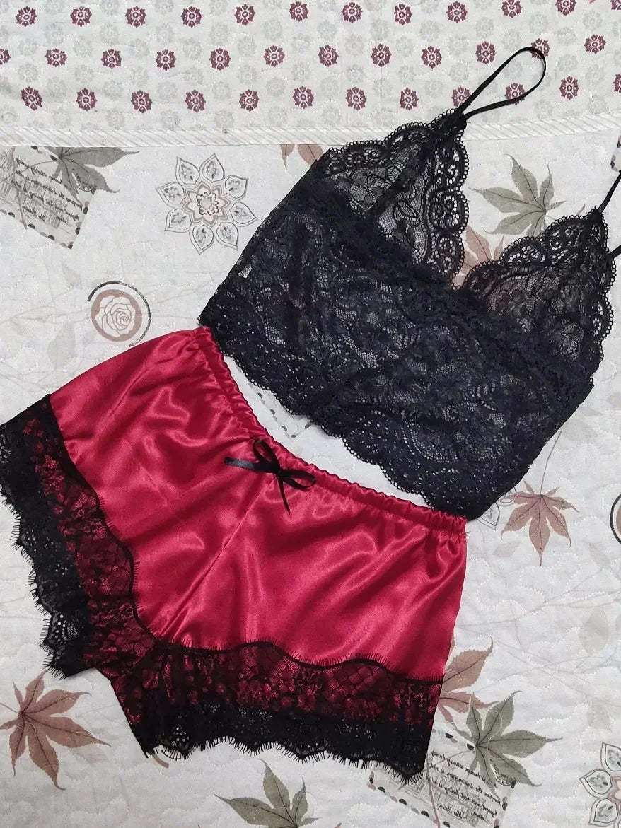 2PCS Pajamas Set for Women – Sleepwear Sexy Lingerie, Lace Silk Crop Tops and Shorts Sets, Casual Nightwear Pijamas