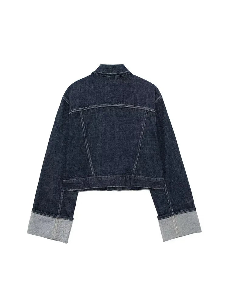 Women's Vintage Denim Jacket – Blue, Single-Breasted, Lapel Neck, Long Sleeve, Chic Fashion