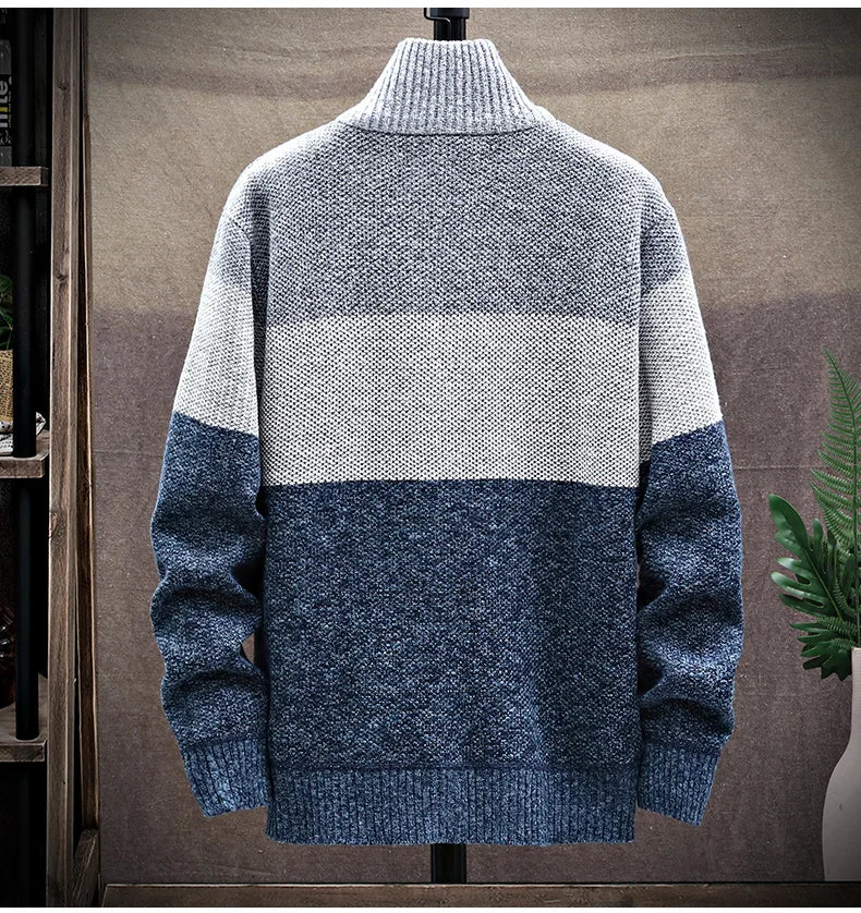 Cardigan Sweater Men – Fleece Zipper, Velvet Contrast Striped Sweater Coat, Casual Jacket for Autumn and Winter