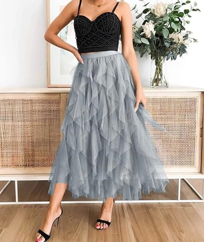Women's Tulle Long Skirt – Tiered Tutu, A-Line, Mesh, Elastic Waist, Big Hem, Black/Gray/Pink/Beige
