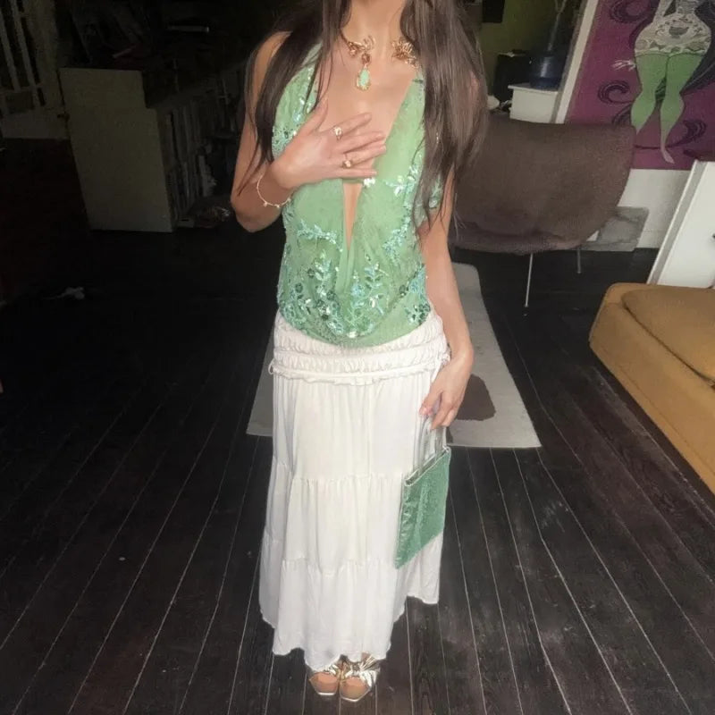 Sexy Deep V-Neck Beach Tank Top – Summer, Sequins Patchwork, Sleeveless, Vest, Vacation Outfit, Backless, Hot Girls Fashion