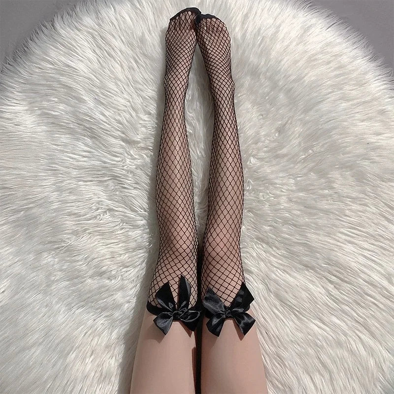 Sweet Over-Knee Long Socks – Women's Lolita Bowknot Thigh-High Stockings, Punk Lace Mesh Hollow Fishnet Pantyhose