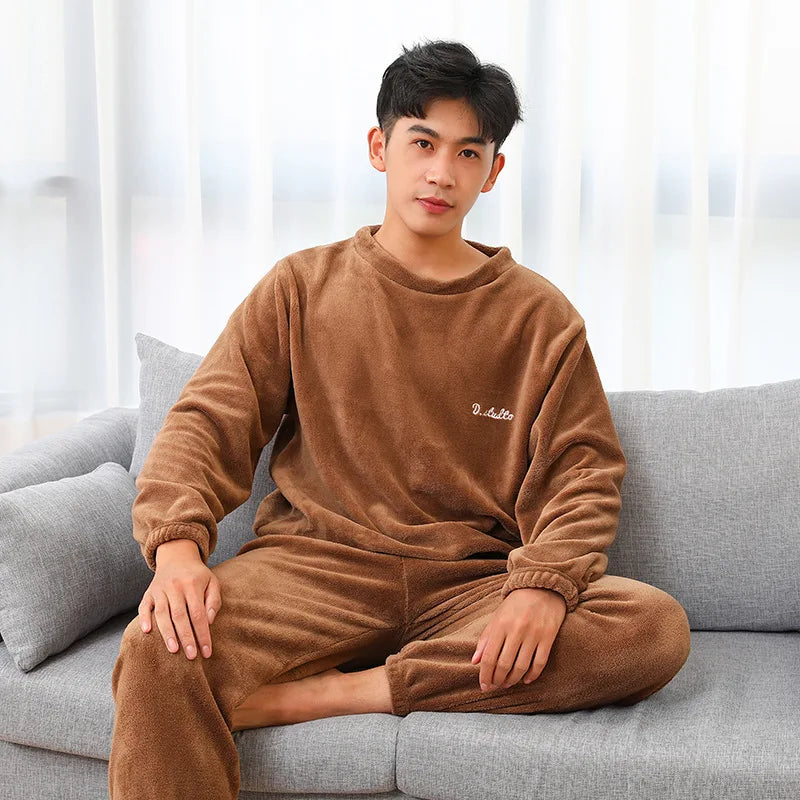 Men's Coral Velvet Pajamas – Thickened, Warm, Long Sleeve & Trousers, Solid Color, Soft Sleepwear, Autumn Winter 2PCS Set