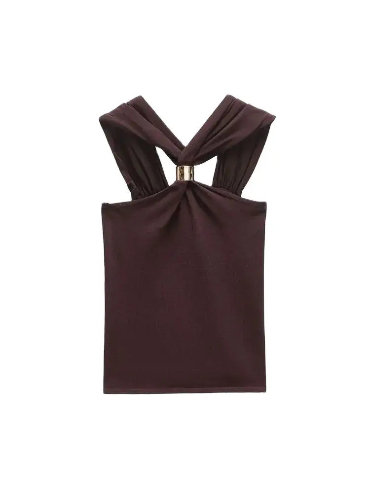 Women's Fashion Knit Halterneck Tank Top – Gold Appliques, Wide Straps, Camisole, Stylish Female Topwear