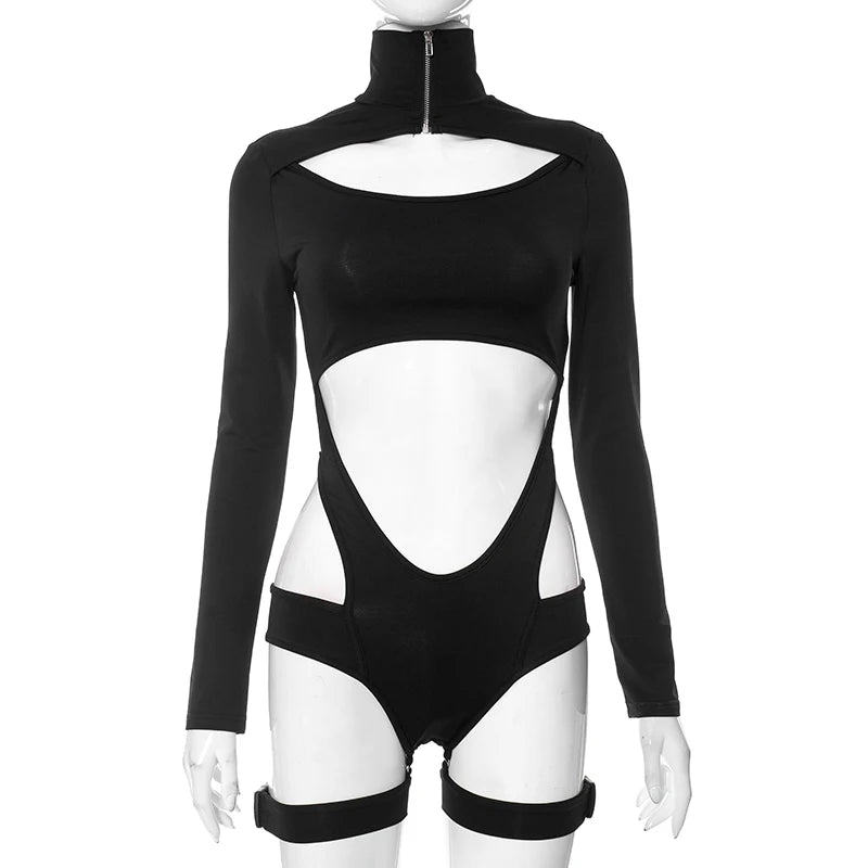 Zip Turtleneck Buckle Cutout Bodysuit – Long Sleeve, Sexy Club Romper, Black Techwear Jumpsuit for Women