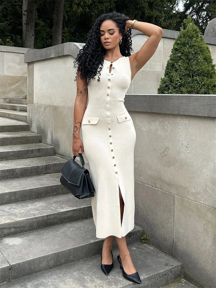 Knit Ribbed Cardigan Maxi Dress – High Waist, Slim Fit, Pocket Design, Sleeveless, Elegant, Party Dress, Women's Knitwear, Long Dress
