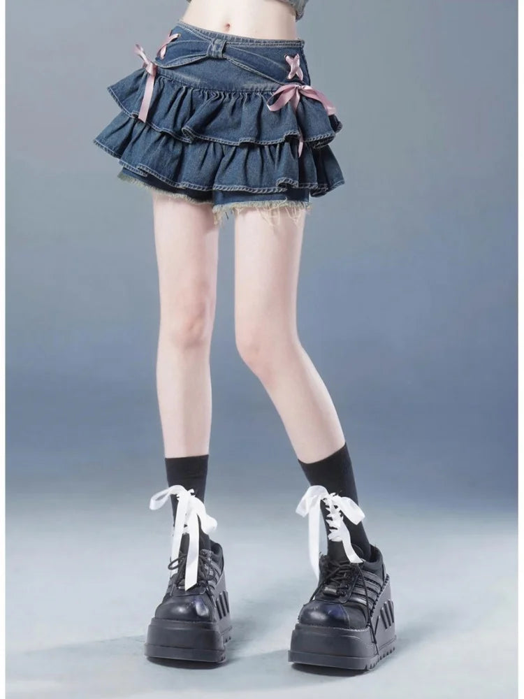 Denim Pleated A-Line Skirt – Bow Fold Design, Built-in Shorts, American Spicy Girl, Korean Fashion