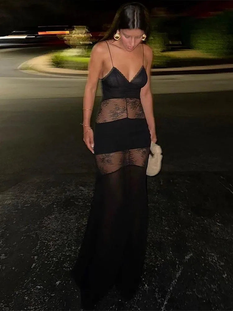 Lace See-Through Sling Maxi Dress – Sexy Slim Black Backless Sleeveless Long Dress, Summer Chic Party Evening Robe