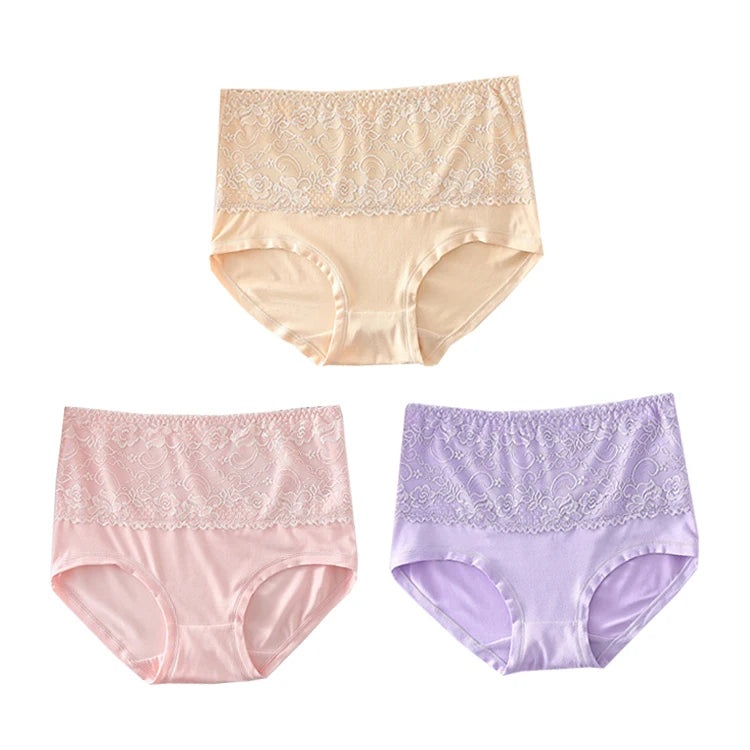 3PCS High Waist Women's Panties – Large Size, Breathable Cow Milk Silk, Lace Briefs, Sexy Female Lingerie